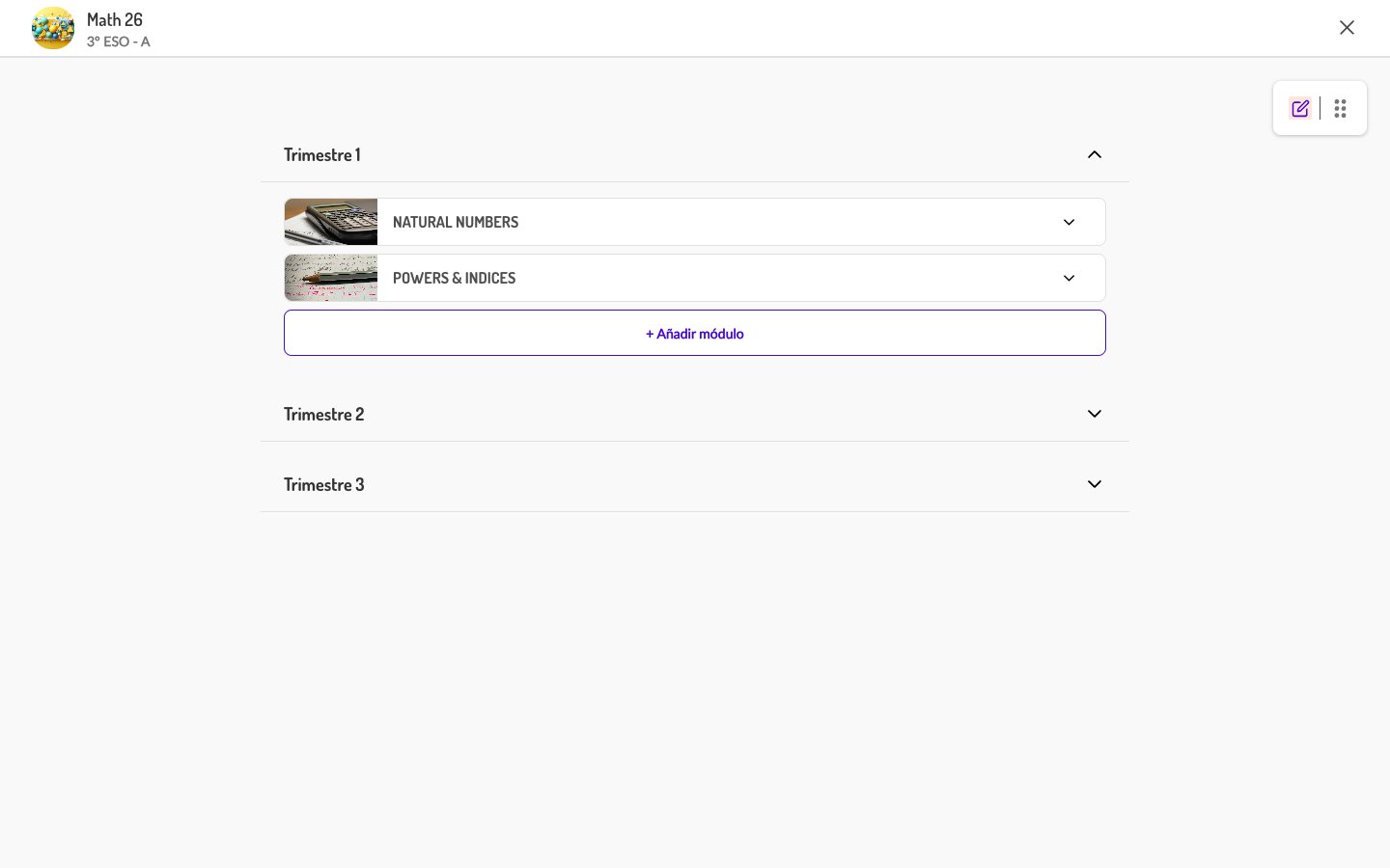 Programa en modo de edición mostrando controles de visibilidad y botones de añadir