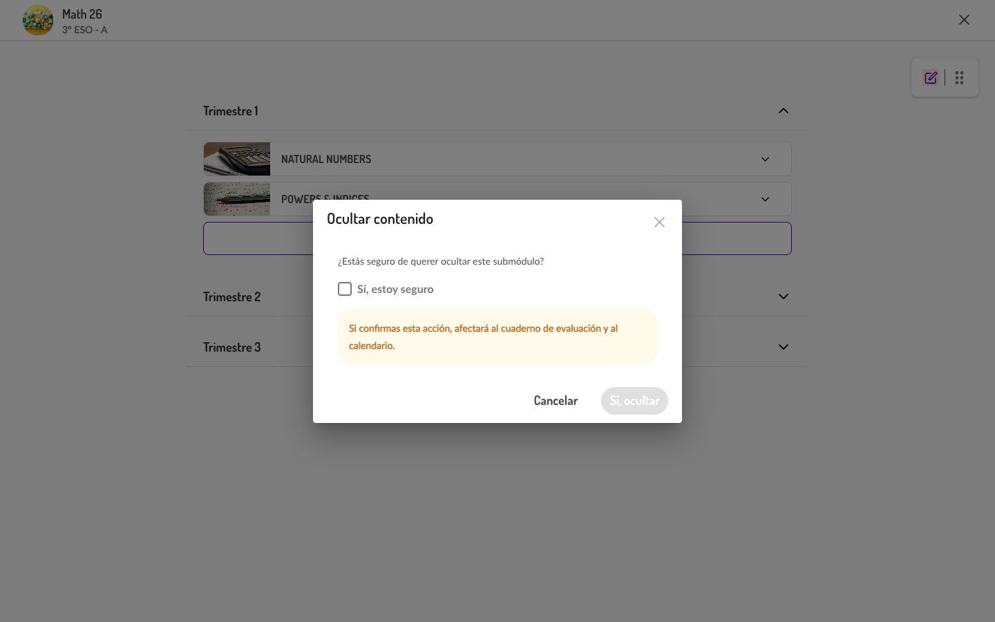Diálogo de confirmación para ocultar un submódulo