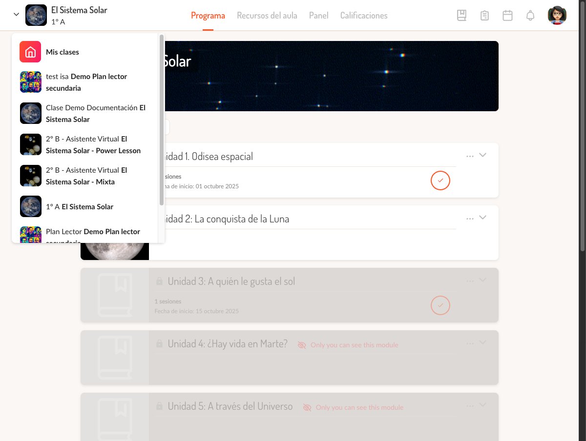 Selector de cursos desplegado mostrando todas las clases disponibles
