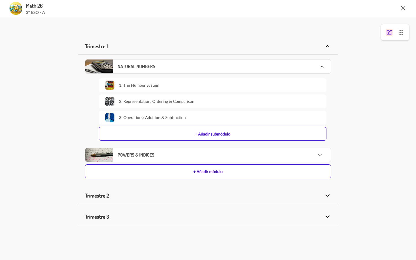 Submódulos expandidos dentro de un módulo en modo edición, con botón de añadir submódulo