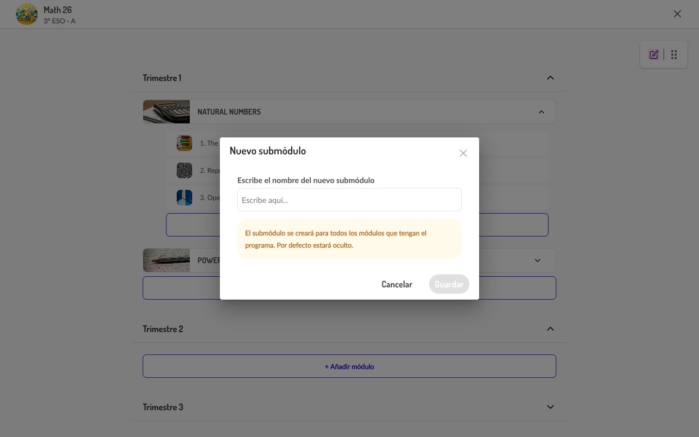 Diálogo para crear un nuevo submódulo con campo de nombre