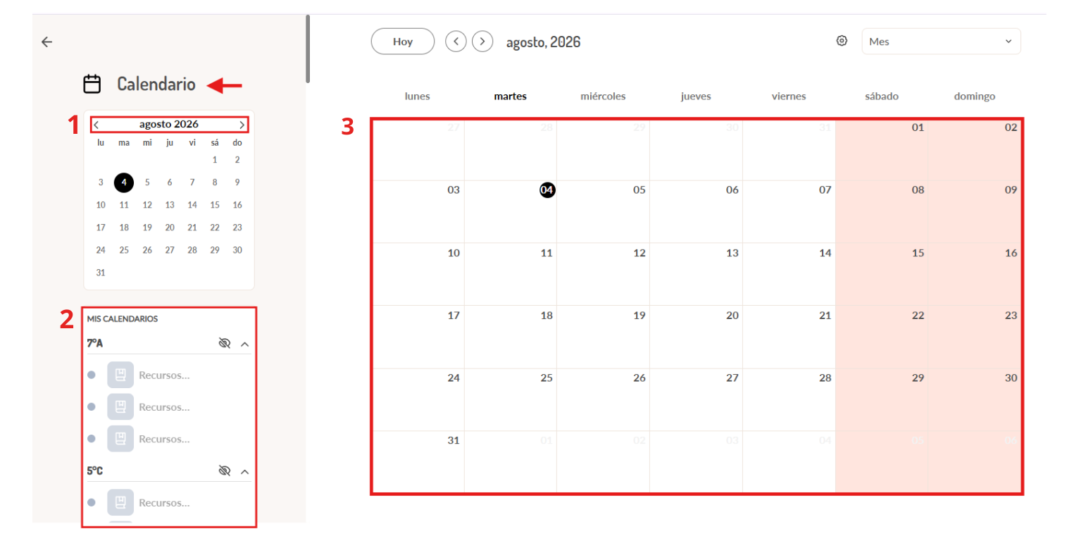 Pantallazo de la vista de calendario