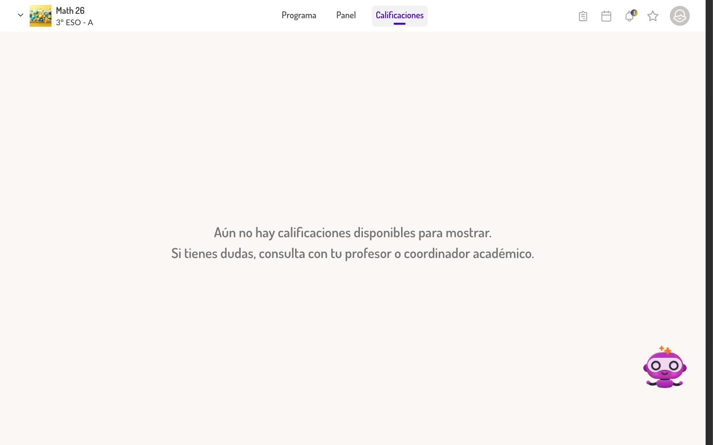 Vista de calificaciones vacía cuando no hay actividades evaluadas