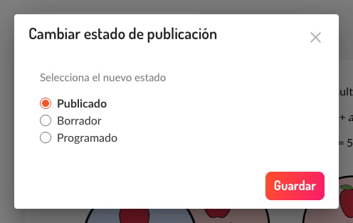 Diálogo de cambio de estado con opciones Publicado, Borrador y Programado