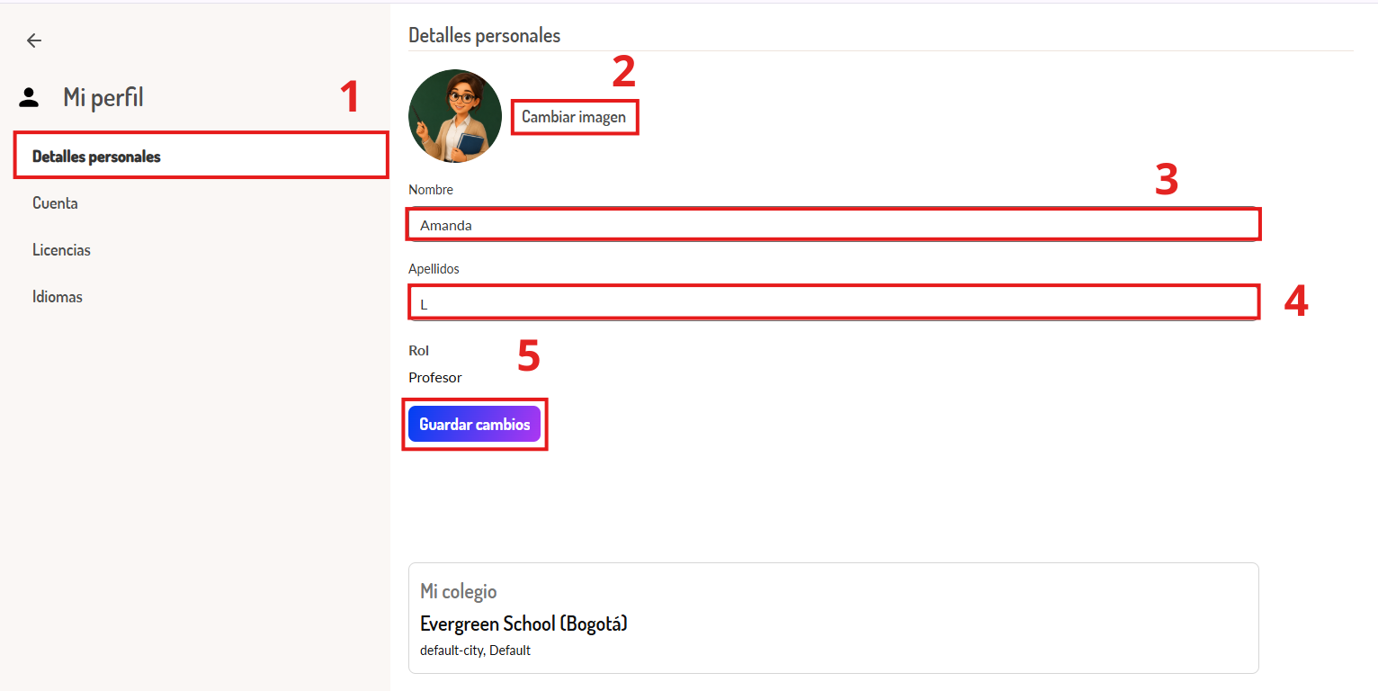 Pantallazo de edición de perfil