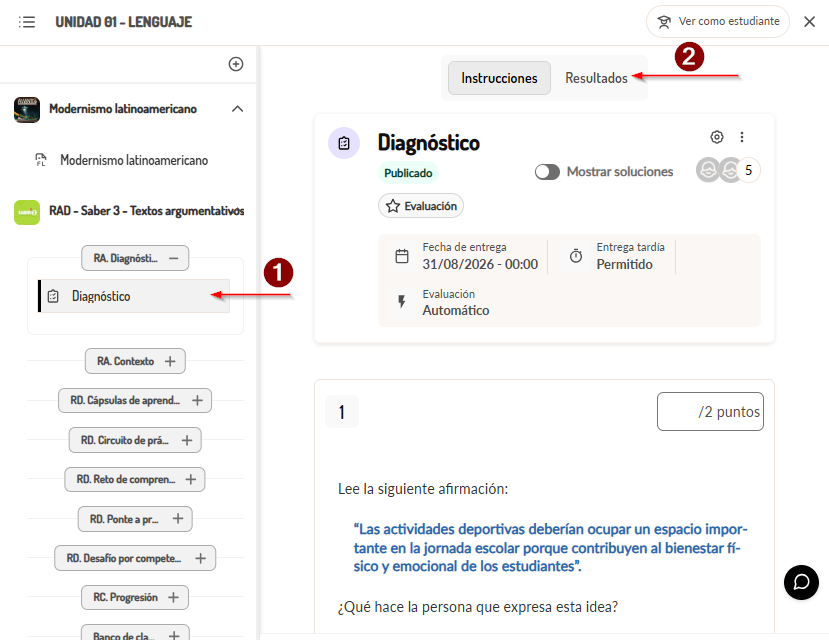 Navegación por unidad y actividad