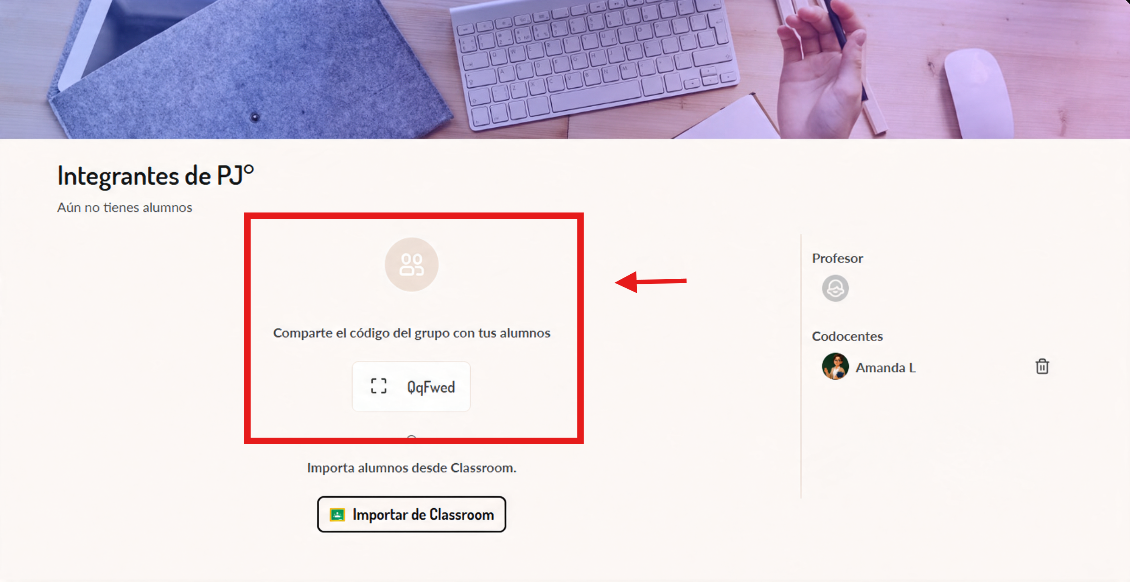 Pantallazo de gestión de grupos de docente