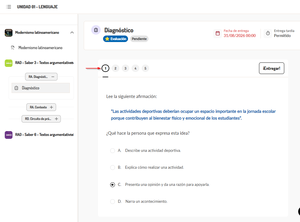 Botón para entregar la tarea